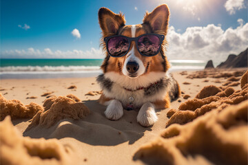 Dog in sunglasses on the beach. Generative ai