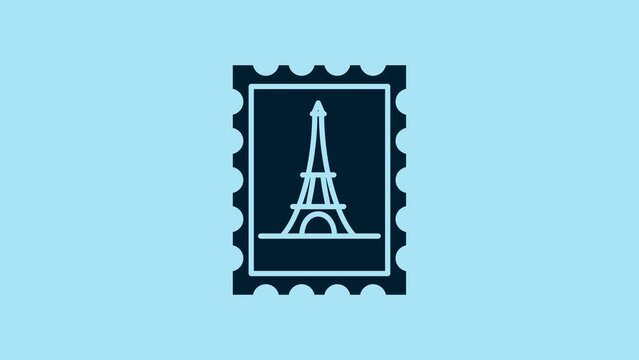 Blue Postal stamp and Eiffel tower icon isolated on blue background. 4K Video motion graphic animation