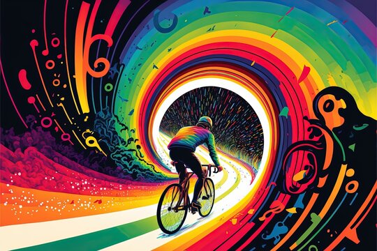 A painting of a person riding a bike through a colour rainbow tunnel with graffiti.