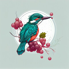 kingfisher bird with a sprig of red currant in its beak sitting on branch blowing bubbles