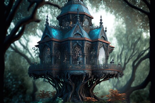 A Sci-fi steam punk baroque concept design of a gothic tree house.
