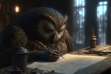 An aristocrat owl planning a new world order. - obrazy, fototapety, plakaty