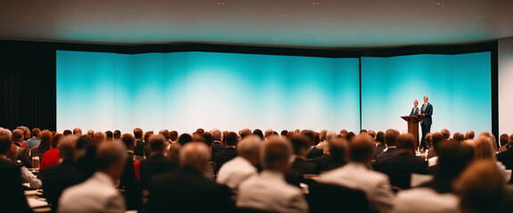 Business and Entrepreneurship Symposium. Speaker giving a talk at a business meeting. Audience in the conference room.Conference taking place in a large conference room