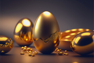 Gold and metallic easter eggs close-up. Generative ai