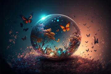 The planet full of butterfly in the middle of the galaxy wallpaper