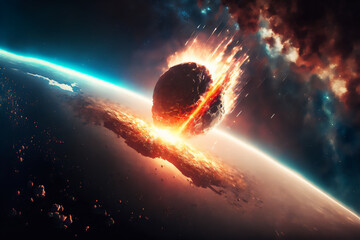 Asteroid impact, end of world, judgment day. Group of burning exploding asteroids from deep space approaches to planet Earth. Generative AI technology.