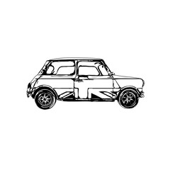 black and white sketch of a classic car with transparent background