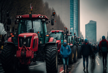 a blockade and demonstration of peasants or farmers who are protesting with their tractors on a street in a city, fictional people and place. Generative AI - obrazy, fototapety, plakaty