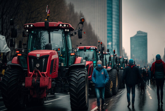 a blockade and demonstration of peasants or farmers who are protesting with their tractors on a street in a city, fictional people and place. Generative AI