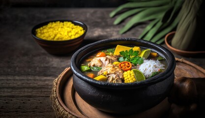 Colombian sancocho typical Colombian food in a black bowl on a rustic wooden table 