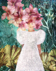 Ilustracja młoda kobieta w białej sukni na tle roślin. - 565098292