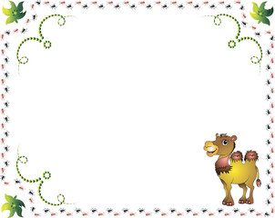 Illustration of a children's card frame with a camel and ants