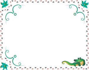 An illustration of a greeting card frame for children with ants and a crocodile