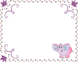 Illustration of a greeting card frame for children with an elephant and ants