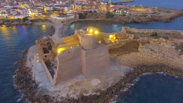 Aragonese Fortress, Calabria, Italy. Amazing aerial panorama at night, Le Castella