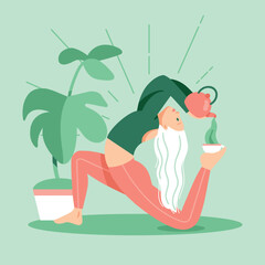 Woman doing a back bend pouring a cup of tea. Serene peaceful setting with a plant. Sun rays. Athletic and sporty woman. Yoga asana.