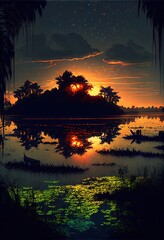Tropical sunset with palm trees. AI generated art illustration. 