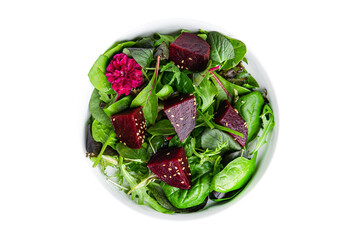 beet salad beetroot pieces mix green lettuce healthy meal food snack on the table copy space food...