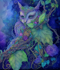 Fantastic owl painting with vines
