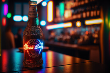 Sparkling cold beer in neon bar, Generative ai	
