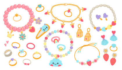 Kids jewelry set. Cartoon drawing of jewelry for children isolated on white. Fashion, jewelry concept