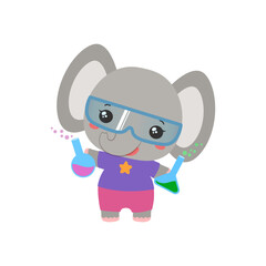 School student animal. Little elephant holding test bottles. Science school subject vector. Making chemical experiment. Elementary education cartoon elephant kid. Educational clipart.