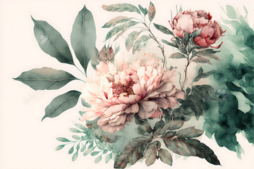 texture Delicate floral watercolor pattern for textiles and backgrounds, watercolor peonies flowers and green leaves, soft colors, boho style on a light background, floristic vintage, Asian. Generativ