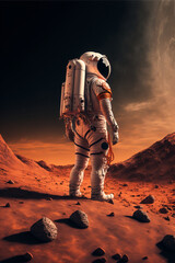 An astronaut on an alien planet. A high-tech astronaut from the future. The concept of space travel, Generative ai