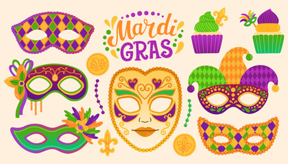 Mardi gras set carnival party design. Fat tuesday, carnival, festival. For greeting card, banner, gift packaging, poster
