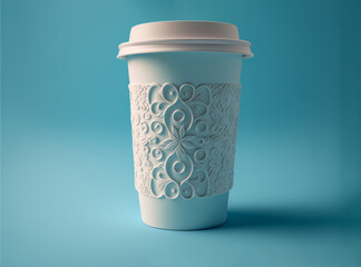 3D white cup of coffee on a blue background. generative AI