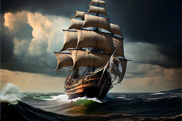 Ship sailing in the sea. Generative AI. - obrazy, fototapety, plakaty