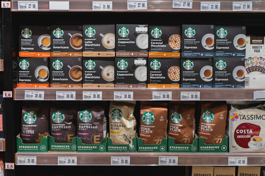 PENANG, MALAYSIA - APR 27, 2020: Starbucks Coffee capsule and ground beans display in supermarket rack