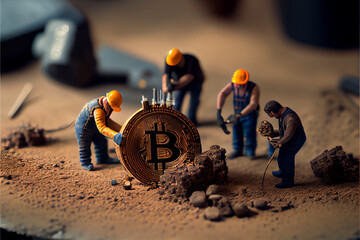 Tiny workers building a Bitcoin sign, Generative ai