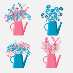 Spring wild flowers bouquet in garden watering can vector illustration isolated. Summer vibes. Spring gardening season mood. Work with flowerbed. Pink and blue sprinkler set.