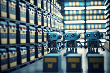Robots working, smart warehouse, future, Generative ai	