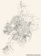 Fototapeta na wymiar Detailed navigation black lines urban street roads map of the German town of DELMENHORST, GERMANY on vintage beige background
