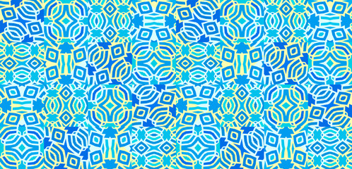 Patchwork of African patterns, cold colors (blue, turquoise blue, water green), geometric shapes, high definition (HD format), illustration