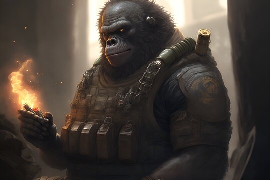 Portrait of a gorilla dressed in a military tactical vest, generative ai
