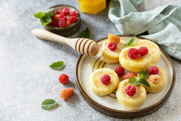 Ricotta pancakes, morning breakfast table. Homemade cottage cheese pancakes gluten free (syrniki,...