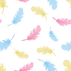 Colorful feathers seamless pattern. Blue, yellow and violet on white background