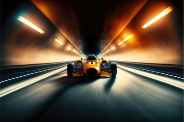Obraz na płótnie Canvas Sport racing car is running at high speed in illuminated road tunnel 3D. Generative AI