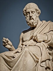 Plato, the ancient philosopher with a deep thought expression marble statue. Cultural travel in Athens, Greece. 