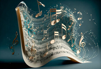 Three dimensional notes are swept with some water off a wavy music sheet. AI generated illustration.