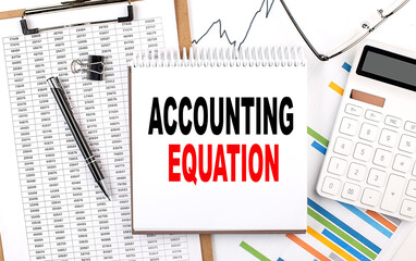 ACCOUNTING EQUATION text on notebook with chart, calculator and pen