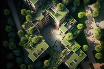 Top view. Environmental residential building district of the city with green terraces of flats at daylight. Generative AI