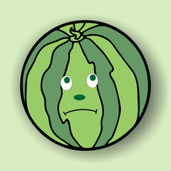 Watermelon depicts resentment. Green and striped watermelon with eyes. sticker. Vector illustration.