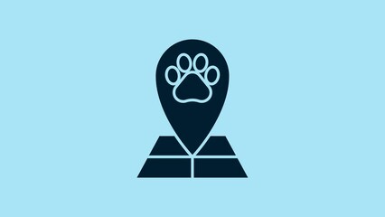 Blue Map pointer with veterinary medicine hospital, clinic or pet shop for animals icon isolated on blue background. Veterinarian clinic. 4K Video motion graphic animation