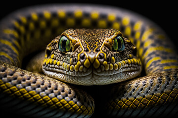 Fototapeta premium Portrait of a poisonous snake on a black background, close-up shot, generative ai