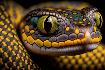 Fototapeta premium Portrait of a poisonous snake on a black background, close-up shot, generative ai