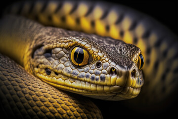 Fototapeta premium Portrait of a poisonous snake on a black background, close-up shot, generative ai